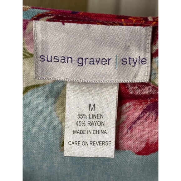 Susan Graver Style Floral Jacket Top Womens Blue Linen Blend Long Sleeve Medium - Picture 6 of 6